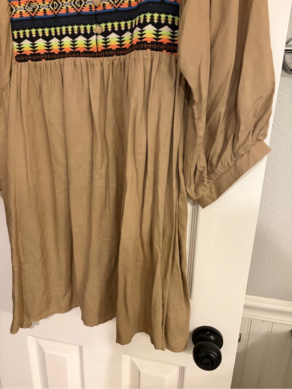 Umgee Babydoll Tunic Dress Tribal Boho Puff Sleeve Tan Large - Picture 4 of 7